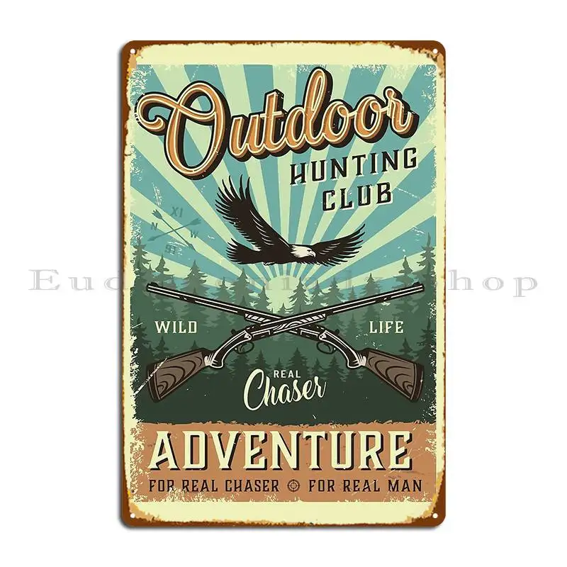 Outdoor Adventure Club - ป้ายโลหะตกแต่งผนังลายวินเทจสำหรับชมภาพยนตร์ คลับล่าสัตว์กลางแจ้ง โปสเตอร์ตกแต่งผนังแบบกำหนดเอง ป้ายเหล็ก/ดีบุก