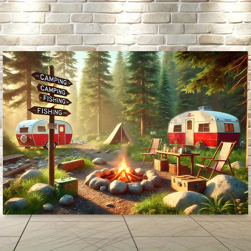 Outdoor Adventure Rv - ผ้าตกแต่งผนังรถบ้านสำหรับแคมป์ปิ้ง ตกแต่งผนังสำหรับการผจญภัยกลางแจ้ง ลายป่า ไฟแคมป์ ตกปลา ทิวทัศน์ธรรมชาติ
