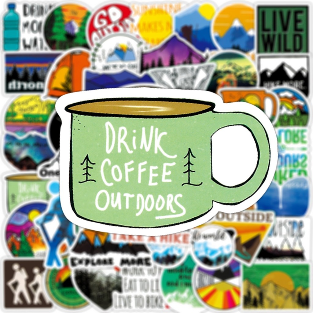 Outdoor Adventure Store - ชุดสติกเกอร์กันน้ำธีมค่ายฤดูร้อน 50 แผ่น สติกเกอร์กราฟฟิตี้แนวผจญภัยกลางแจ้ง สำหรับกระเป๋าเดินทาง สมุดโน้ต